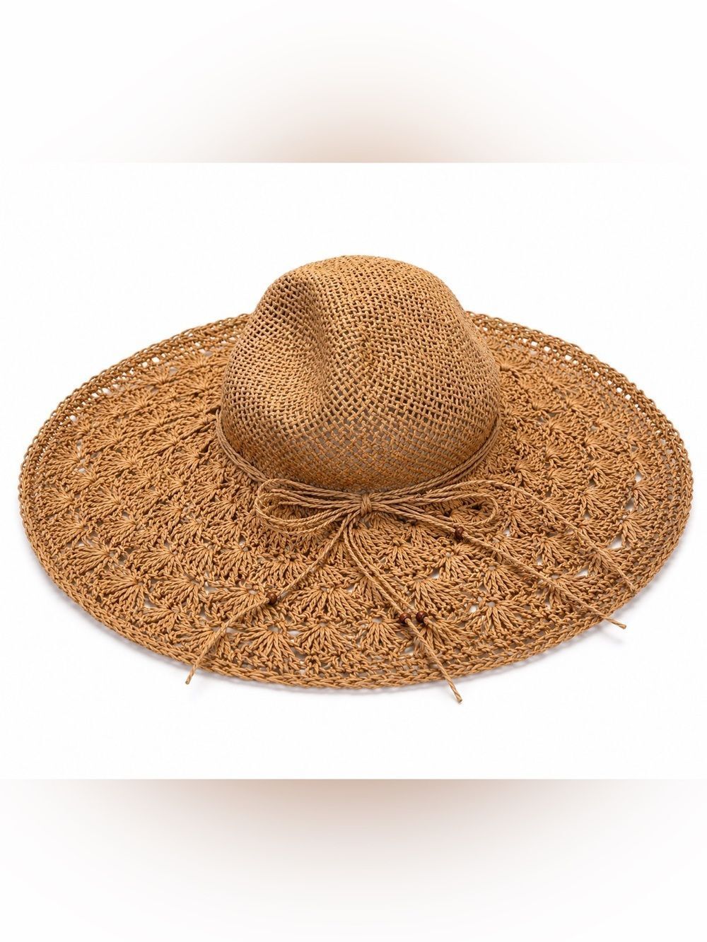American Eagle Crochet Straw Sun Hat Boho Wide Brim Beach Vacation Hat Neutral